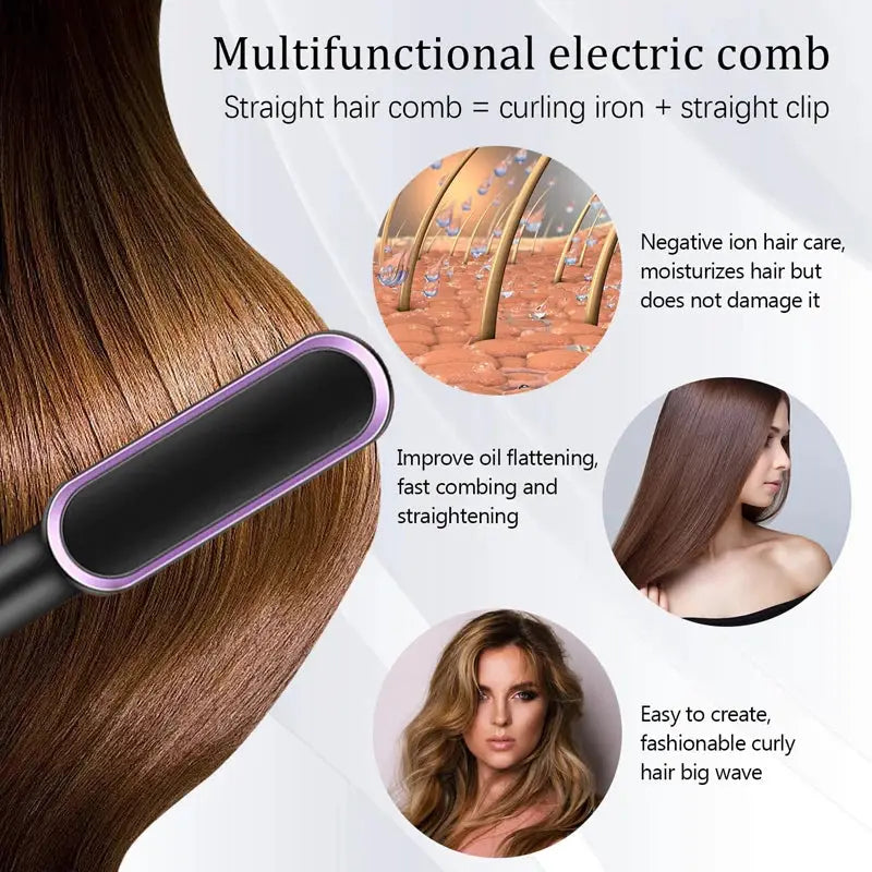 Multifunctional electric hair comb with purple trim for straightening and curling