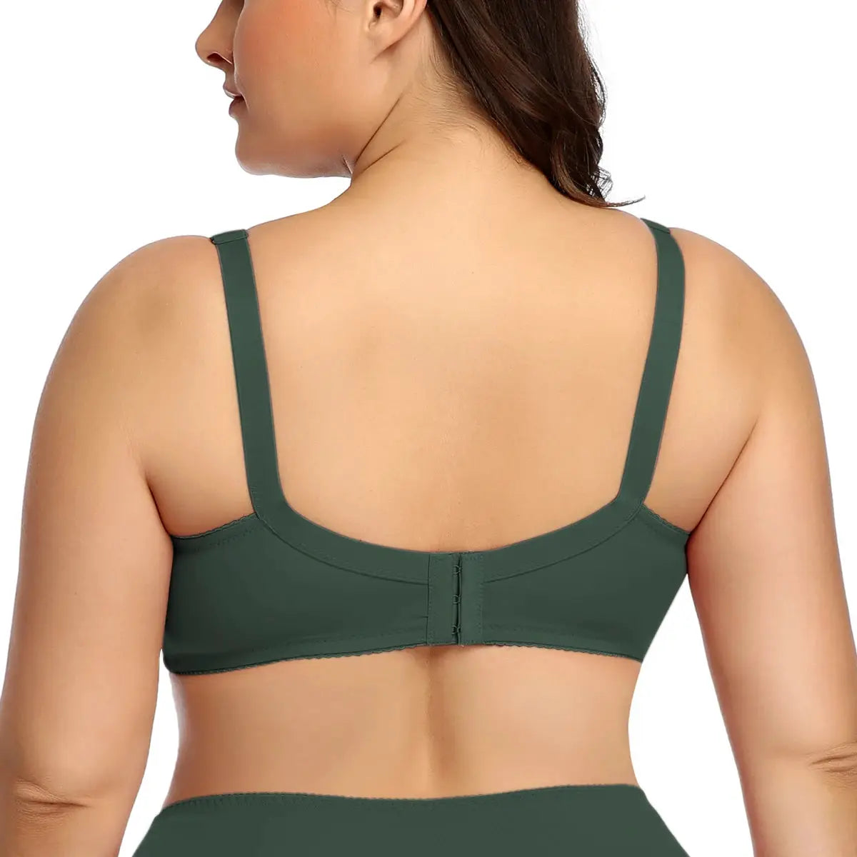 BEAUWEAR Plus Size Underwire Bra in green with back closure and wide straps