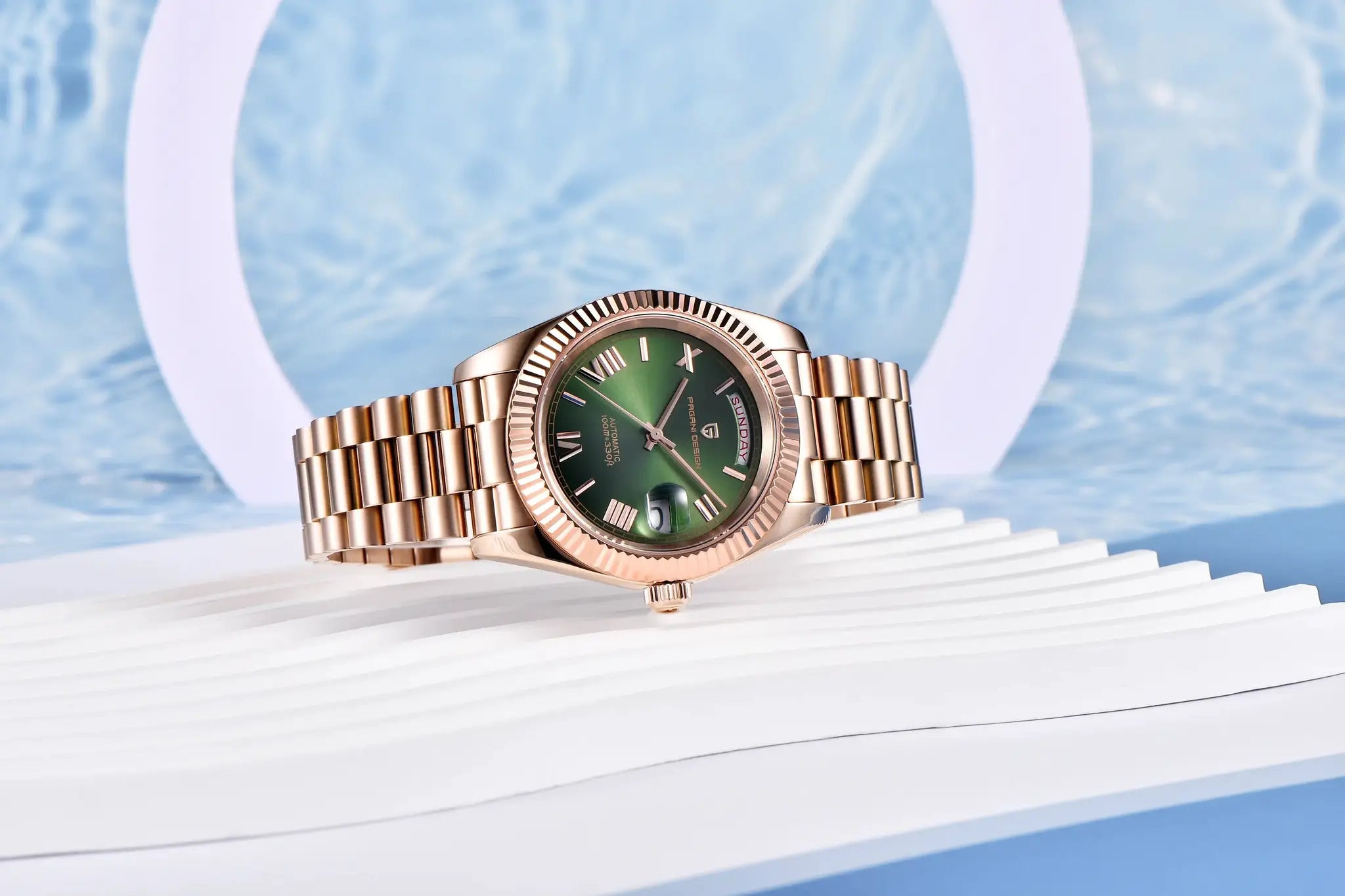 Pagani Design DD40 men's rose-gold automatic watch with green dial and stainless steel bracelet