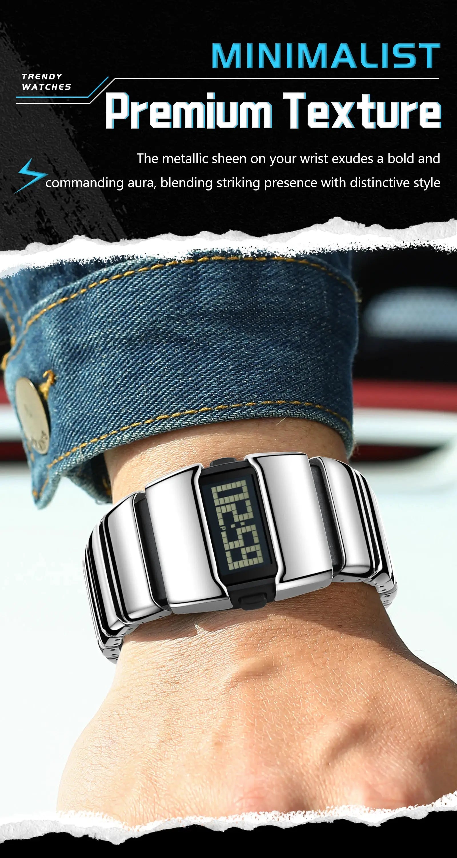 POEDAGAR stainless steel digital LED men's watch on a denim-clad wrist