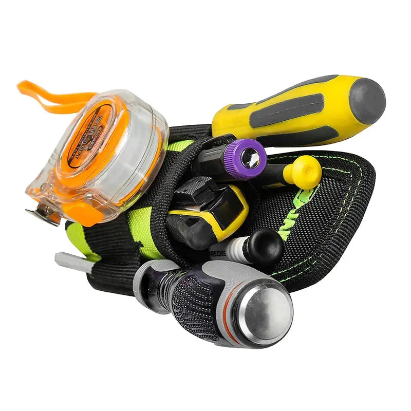 Jakah small tool holder pouch with snap clip; black belt organizer with lime-green stitching and assorted tools.