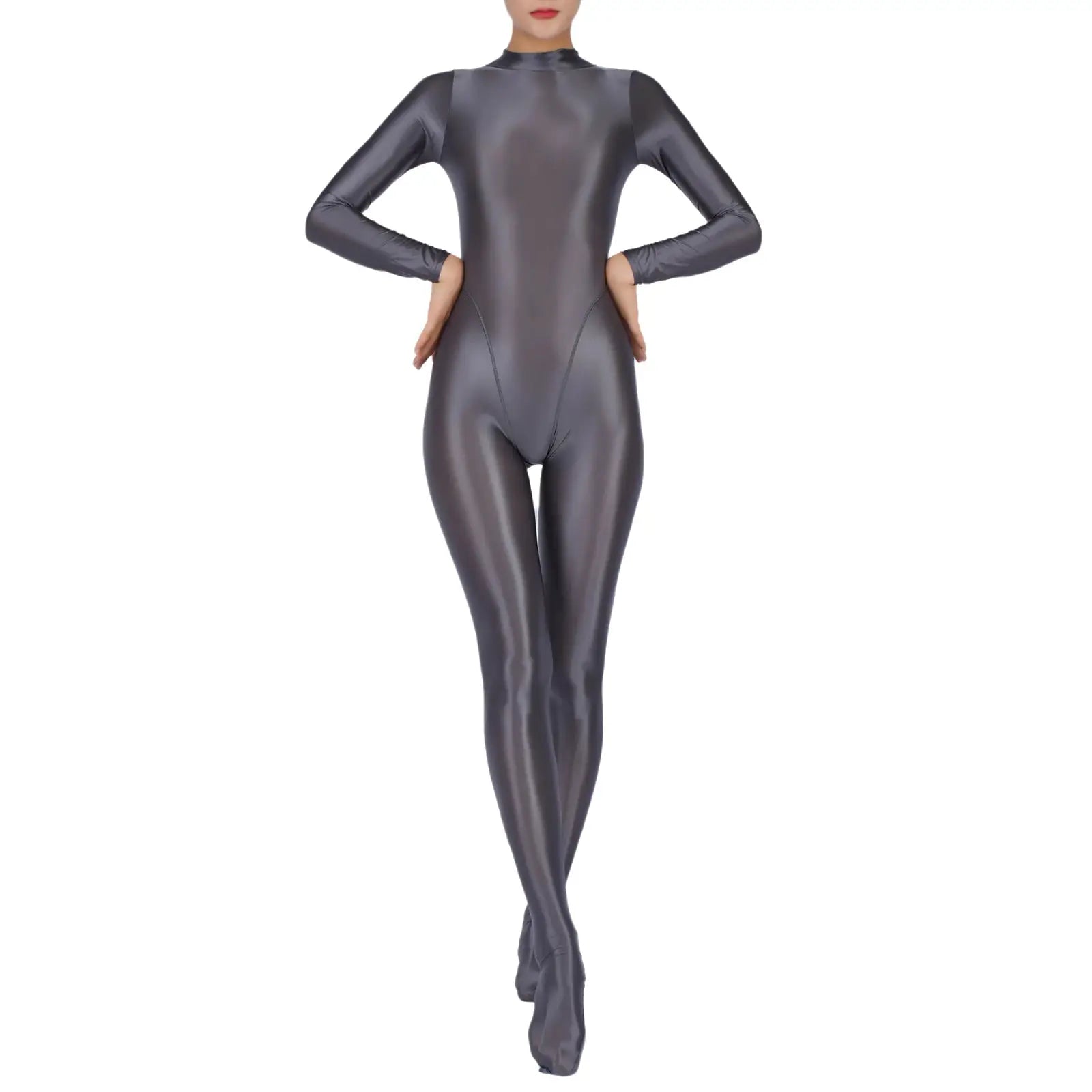 Women's metallic grey full-body jumpsuit with long sleeves and footed design