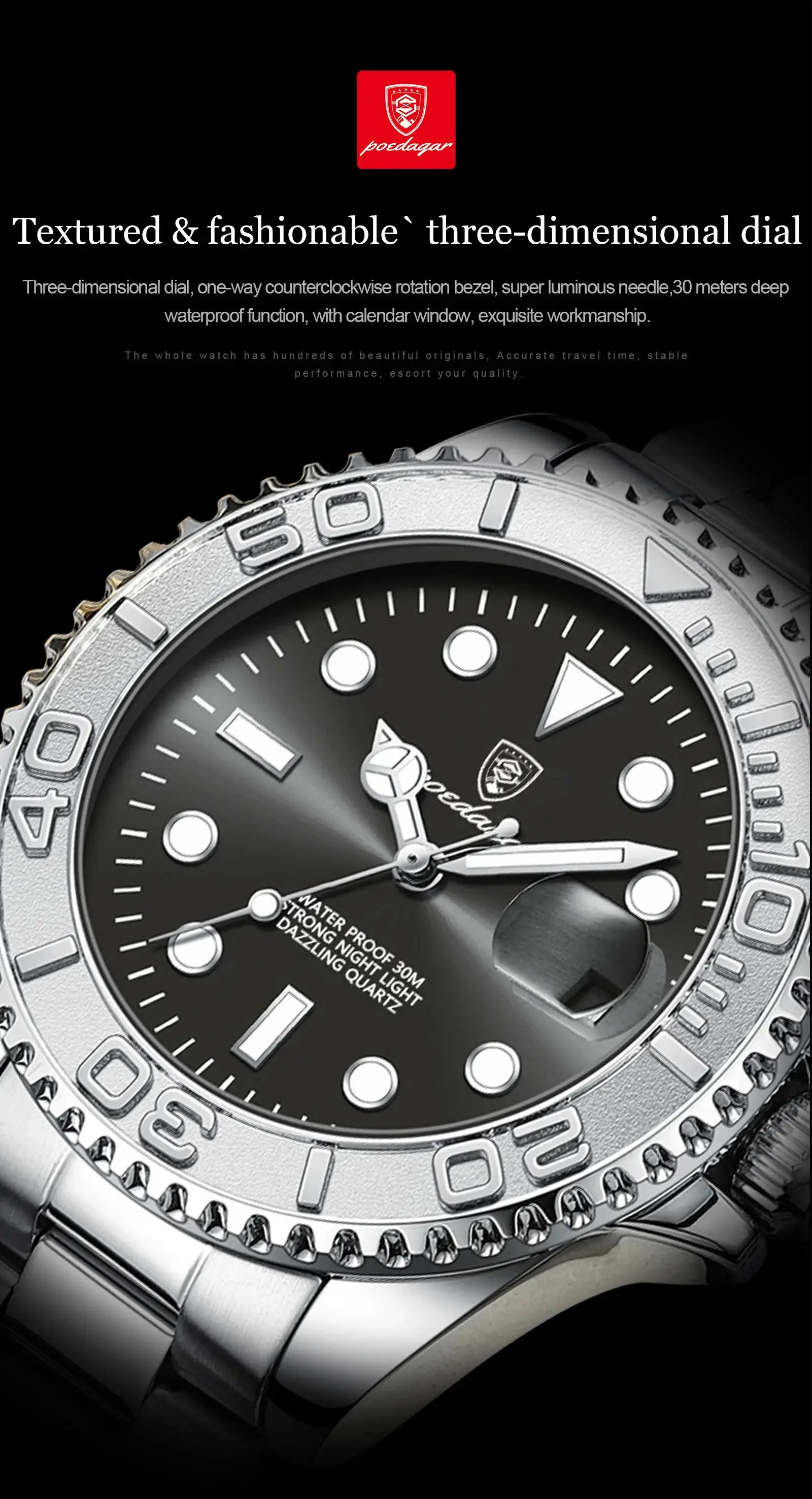 POEDAGAR luxury men's stainless steel watch with black dial, luminous hands, waterproof design by Simples Market