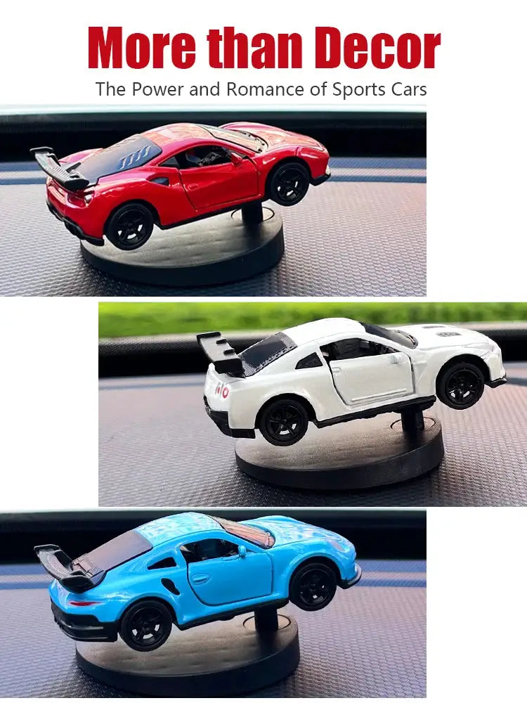 Drift car dashboard toy models set: three miniature sports cars in red, white and blue on display stands