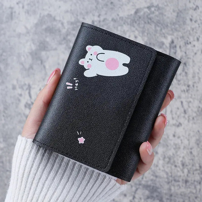 Wallet black compact cardholder with a cute white cat decal and pink cheeks