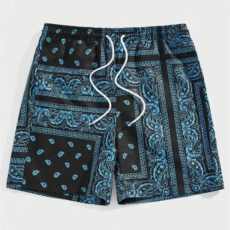 Trend Bandana Graphic Beach Shorts for Men by Simples Market, blue paisley print on black, drawstring waist