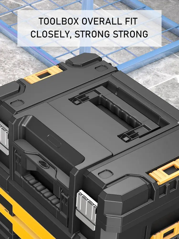 AIRAJ stackable modular toolbox set with wheels; black/gray body and yellow latches for space-saving mobility