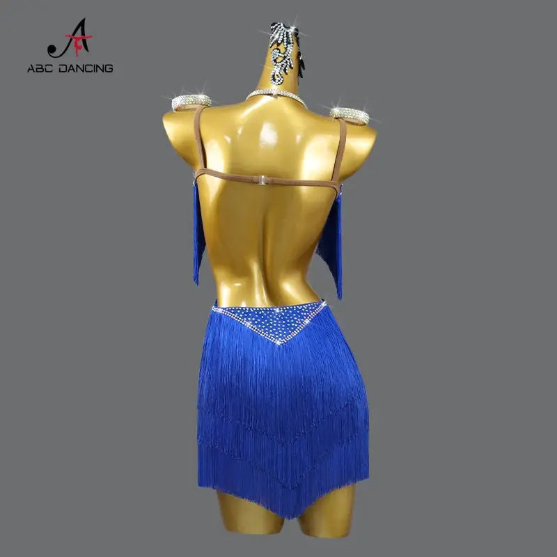 LumaDance Latin Performance Dance Dress For Women Flexible Nylon Elastane Knit With Fringe Skirt Blue