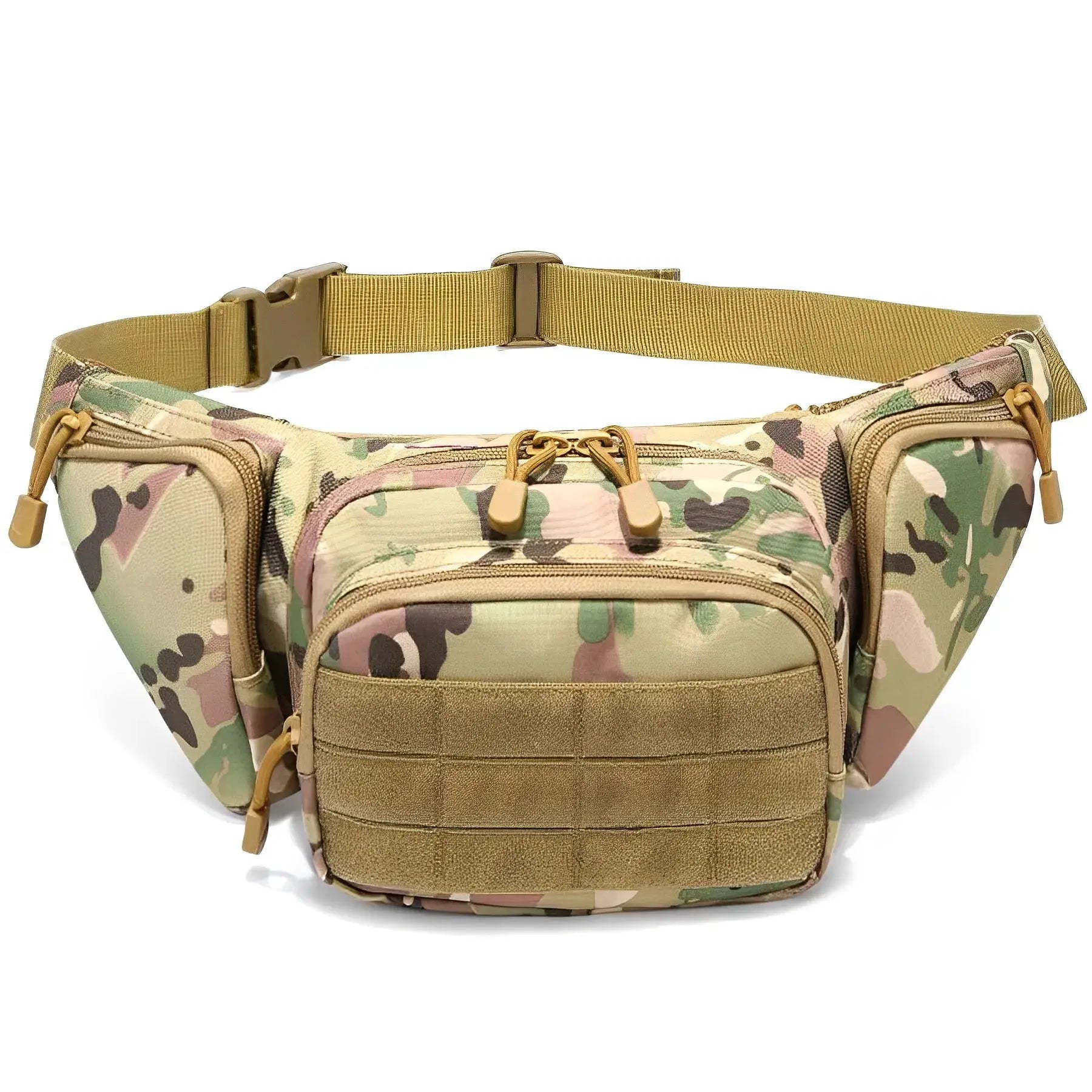 Tactical multi-function waist pack fanny bag in camouflage with tan nylon strap by Simples Market
