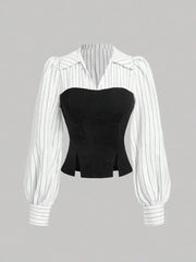 Women's striped lapel shirt with black corset-style bodice overlay and puff sleeves.