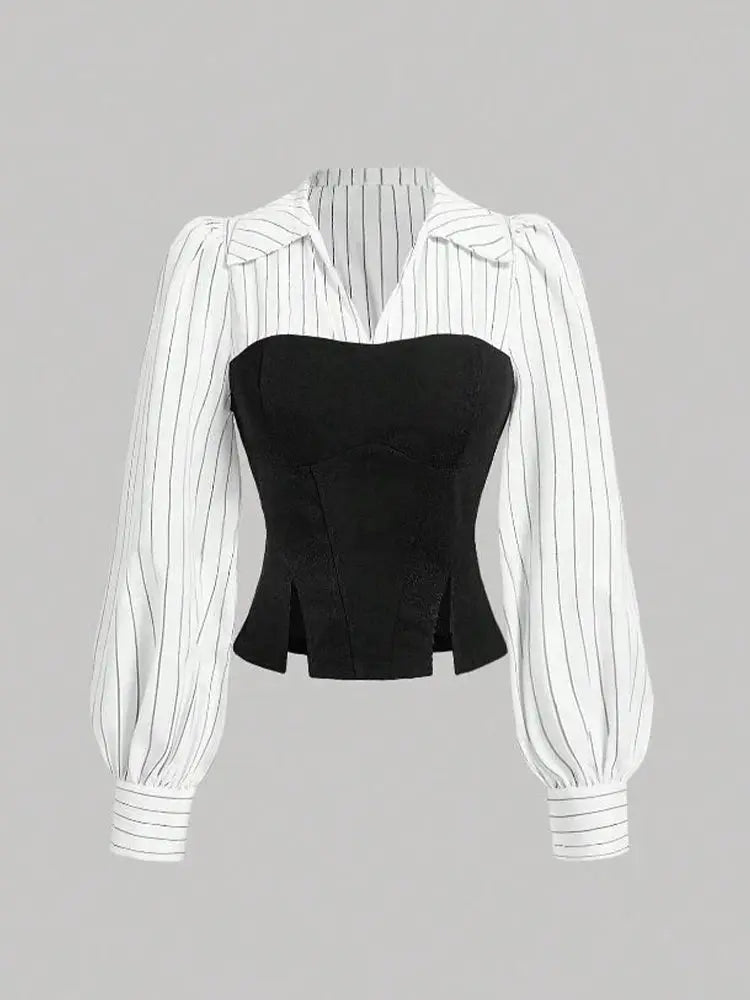 Women's striped lapel shirt with black corset-style bodice overlay and puff sleeves.