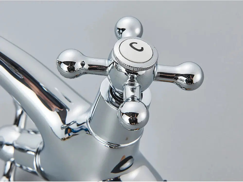 Antique chrome bathroom faucet mixer with two cross handles, deck-mounted hot and cold water