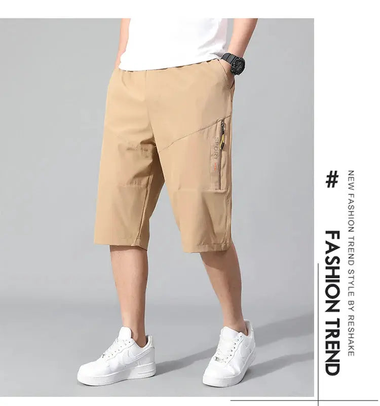 Mens cargo shorts knee-length beige cotton with zip side pocket by Simples Market