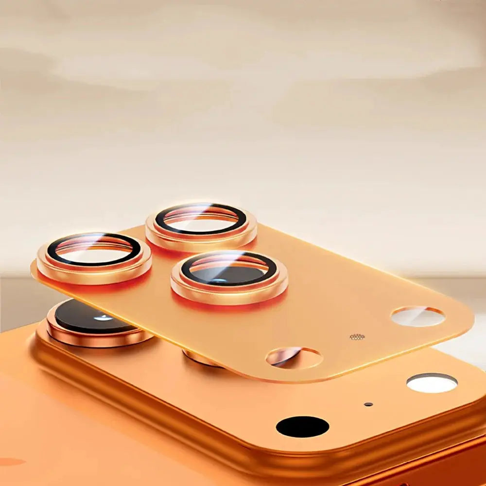 Armor camera lens protector film for iPhone 17 Pro/Pro Max in orange with 3 tempered-glass metal-ring back lenses