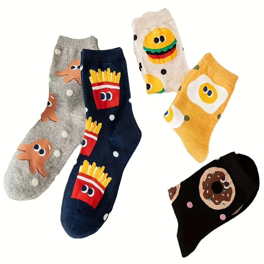 5 Pack Mixed Color Kids Mid Calf Socks With Cartoon Hamburger And Fries Pattern For Boys And Girls