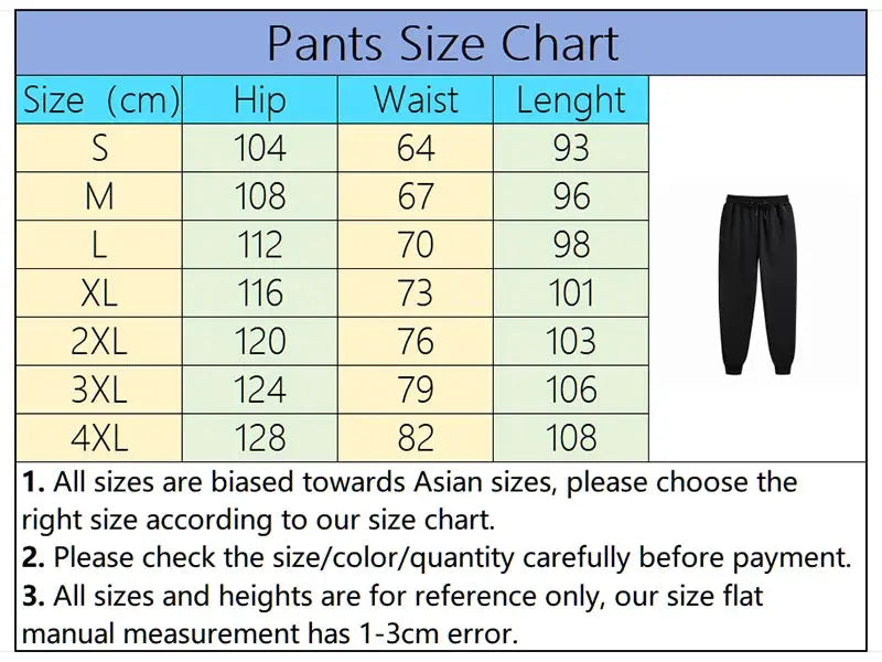 Men's black jogger pants by Simples Market beside a size chart showing hip, waist and length (S–4XL)