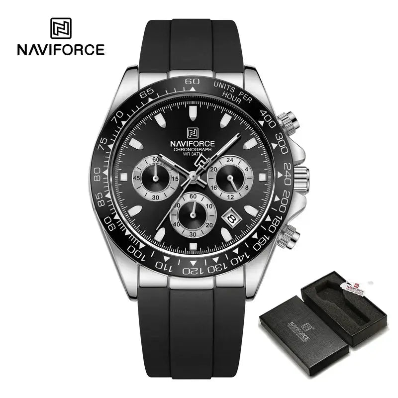Naviforce NF8054 men's chronograph watch with black dial, stainless steel case and black silicone band; comes with box.
