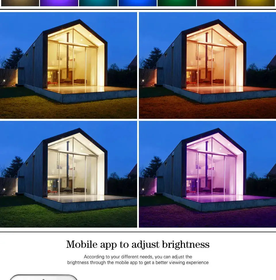 WiFi Zigbee RGB LED downlight spot light; color-changing smart lamp, four color scenes shown