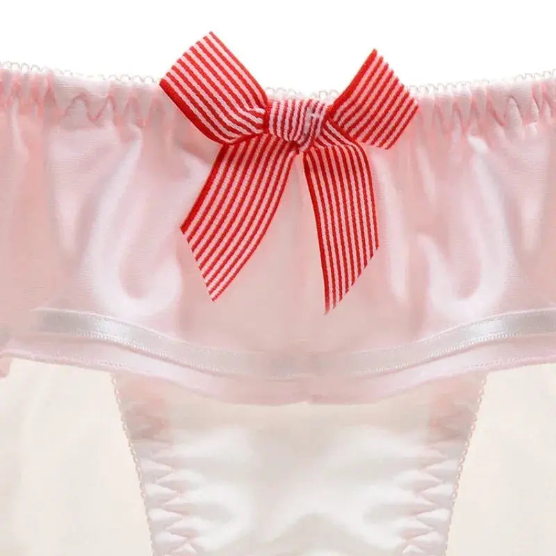 Pink milk-silk panties for women with a red striped bow and soft elastic waistband
