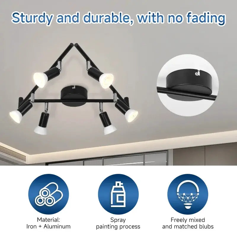 GU10 modern LED ceiling lamp with 6 black metal spotlights and white heads, ceiling mount