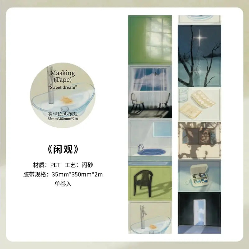 Simples Market masking tape 2m roll with scenic collage design; PET decorative tape for journaling and scrapbooking