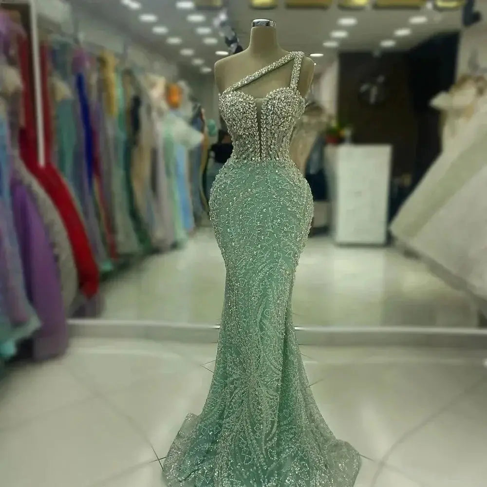 One Shoulder Backless Sequin Mermaid Evening Gown With Beading