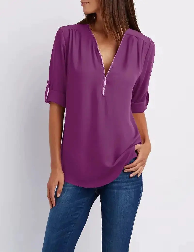 Simples Market purple chiffon blouse with front zipper, deep V-neck and rolled sleeves