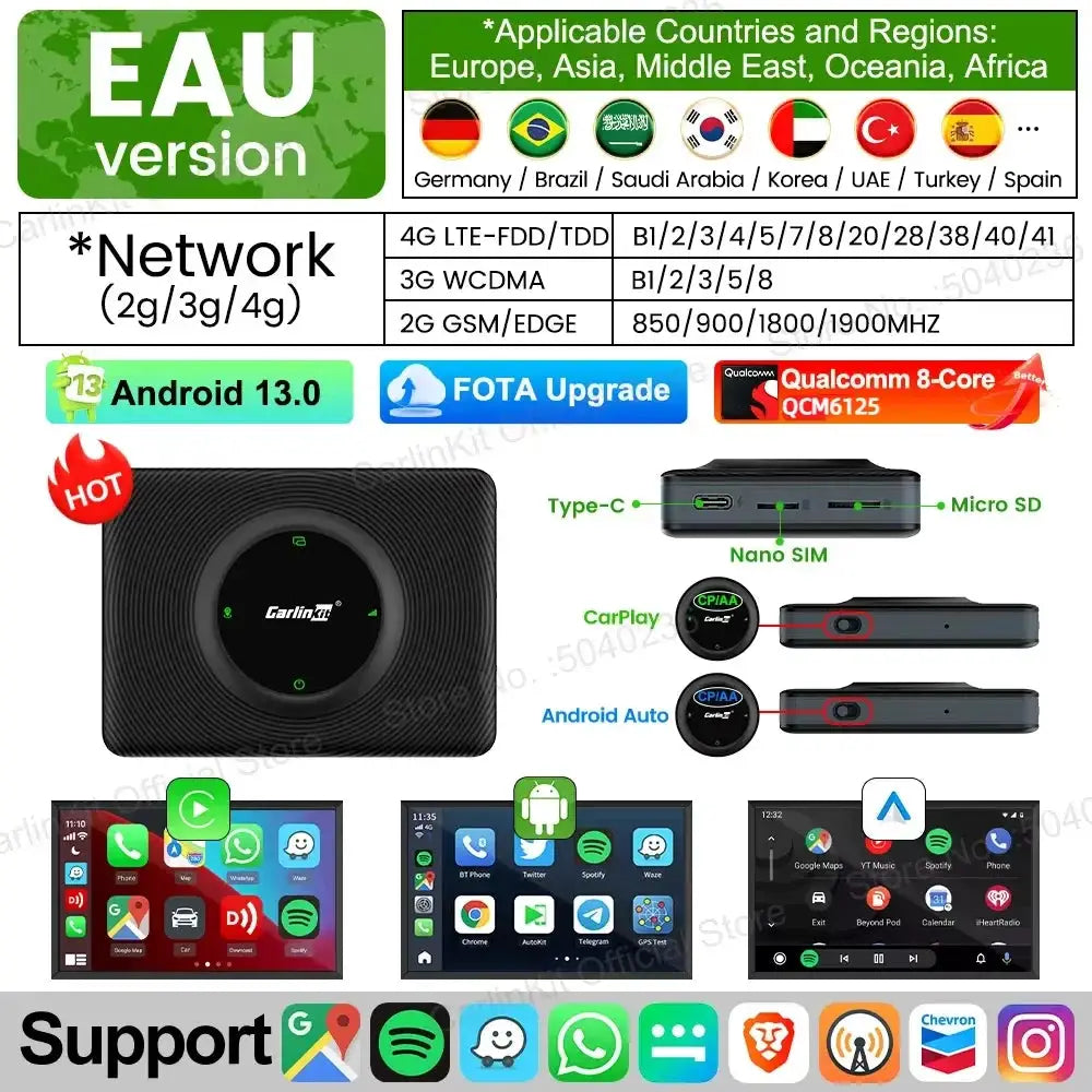 Simples Market CarlinKit Android Auto Wireless CarPlay AI TV Box, Android 13, black, 8-core, 64/128GB, split-screen