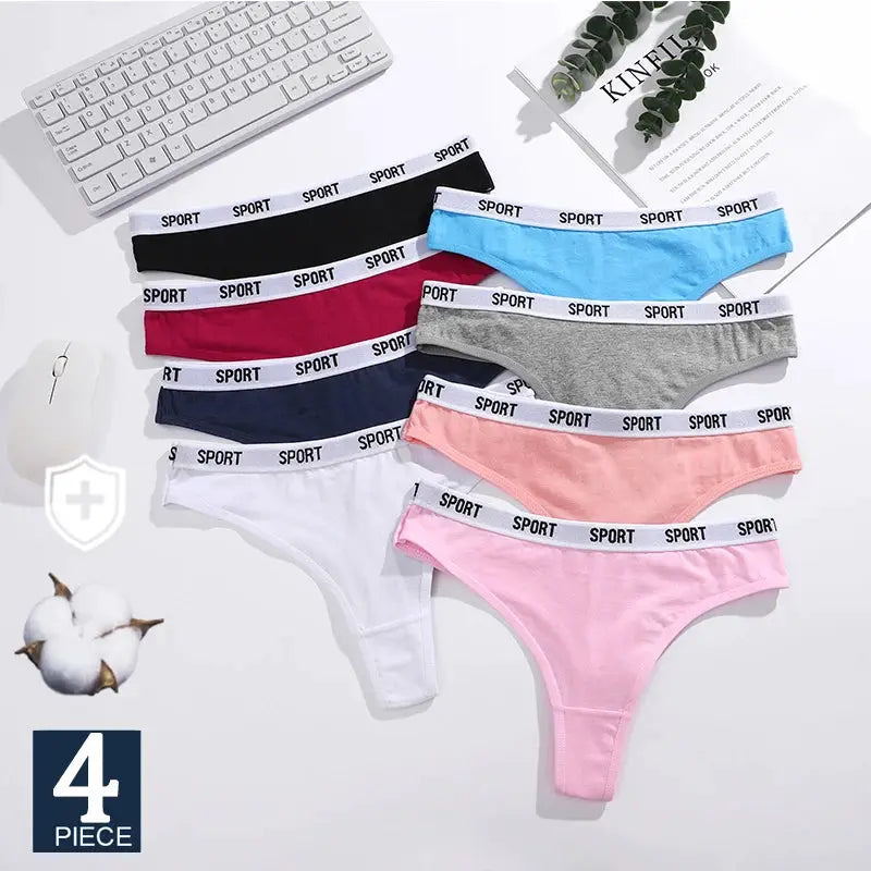 4-piece set of women's cotton thongs in assorted colors with SPORT waistband