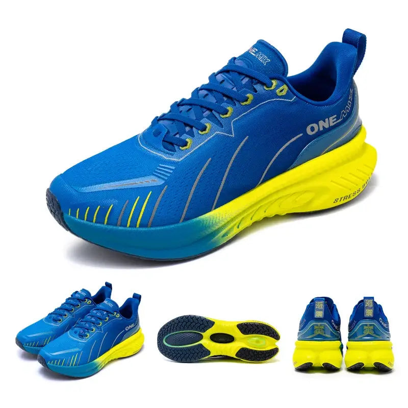 ONEMIX blue running shoes with bright yellow sole; lace-up, cushioned, non-slip outdoor men's sneakers