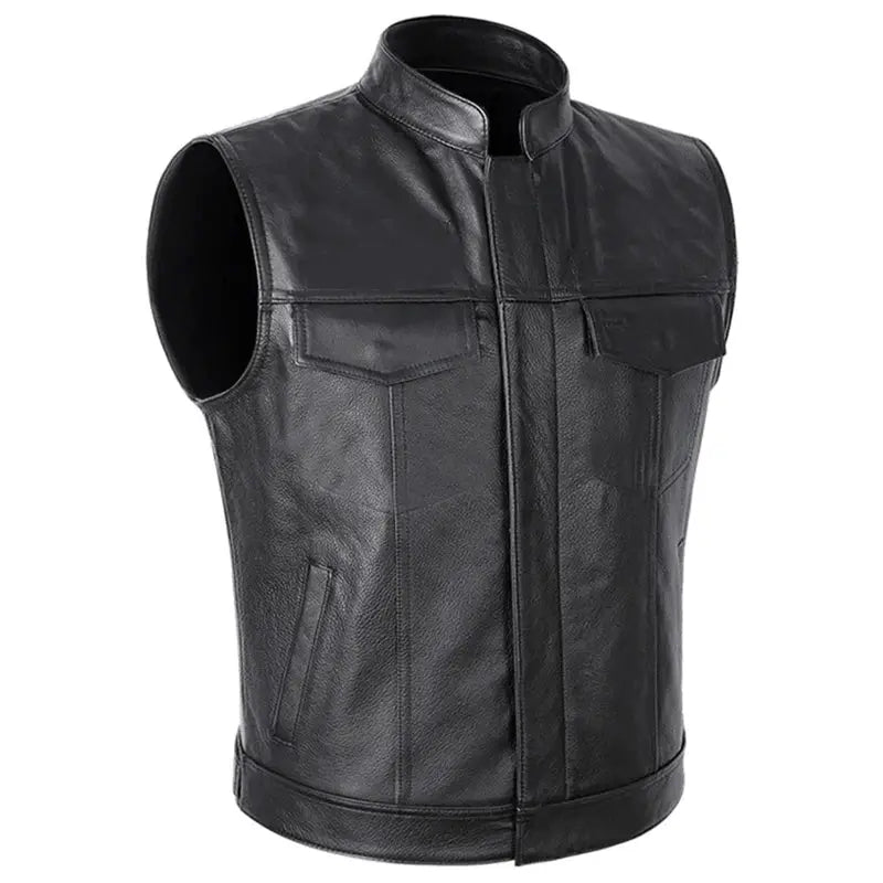 Men's faux leather waistcoat with stand collar, black biker vest with chest pockets