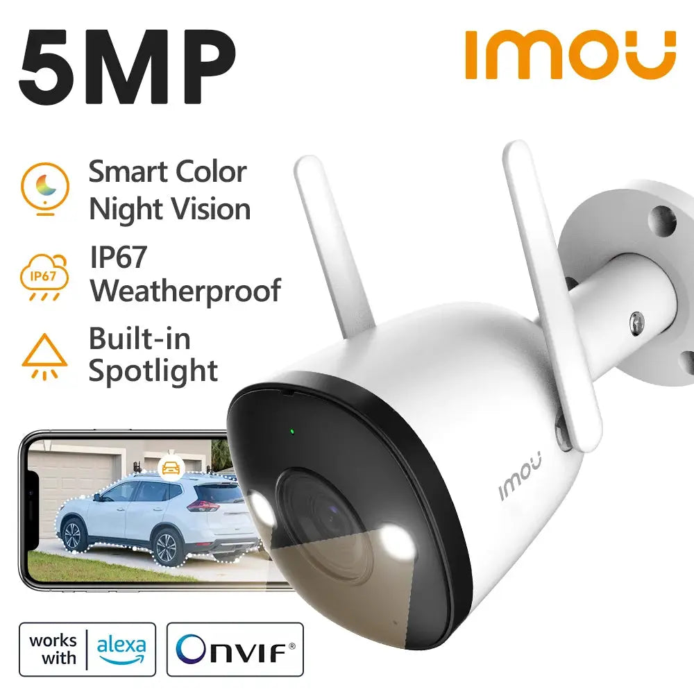 IMOU Bullet 2E 5MP outdoor white WiFi camera with built-in spotlight, IP67 waterproof