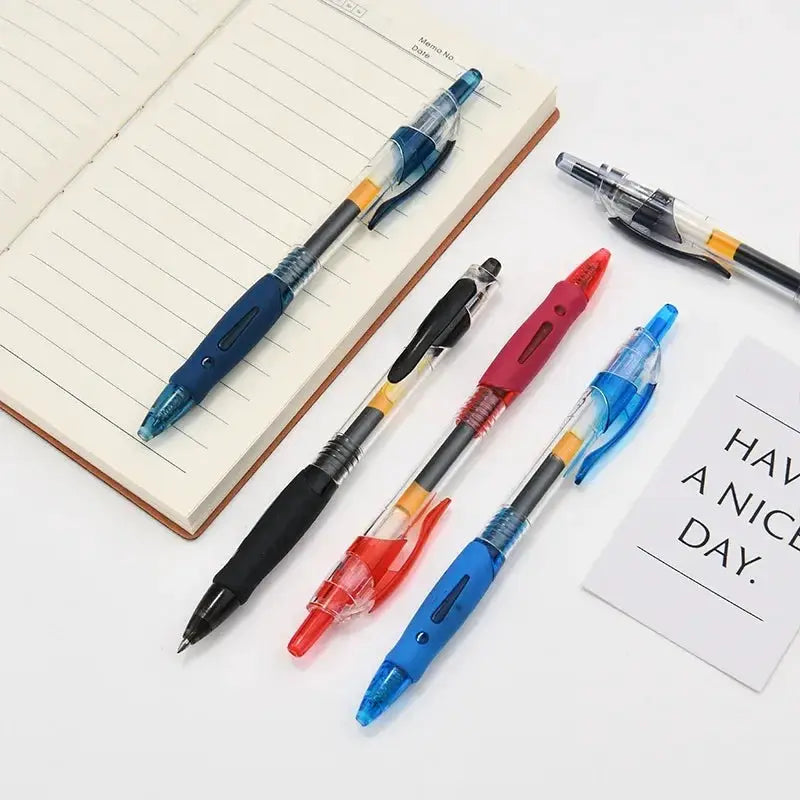 Retractable gel pen set by Simples Market in black, red and blue inks with ergonomic grips.