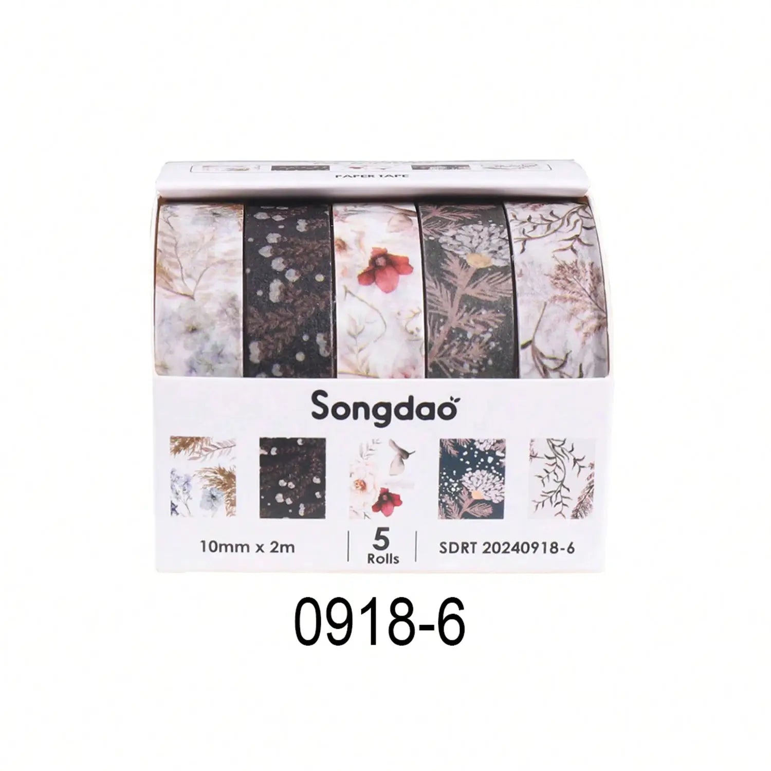 5 rolls floral washi tape set in a Songdao box with pastel flower designs