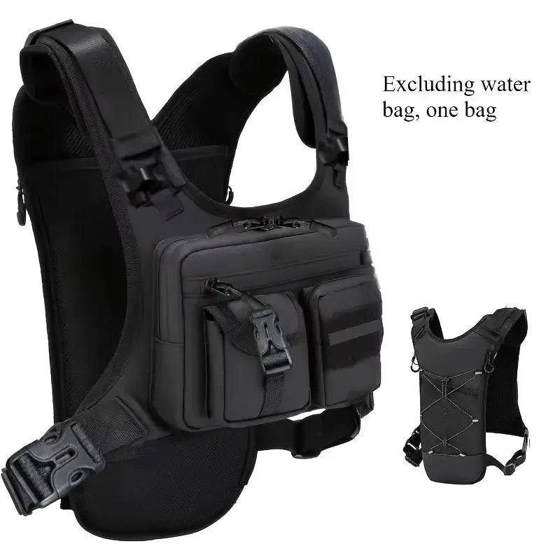 Lightweight running chest pack in black with multiple zip pockets; water bladder not included