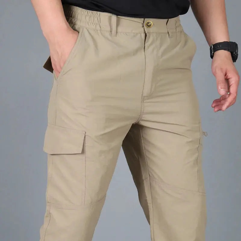 Men's cargo hiking pants, beige quick-dry outdoor workwear with multiple pockets