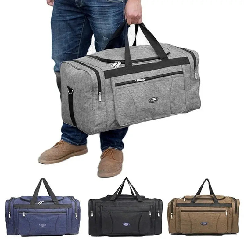 Simples Market Oxford waterproof travel duffel bag, gray with black handles, large capacity; four color options shown.