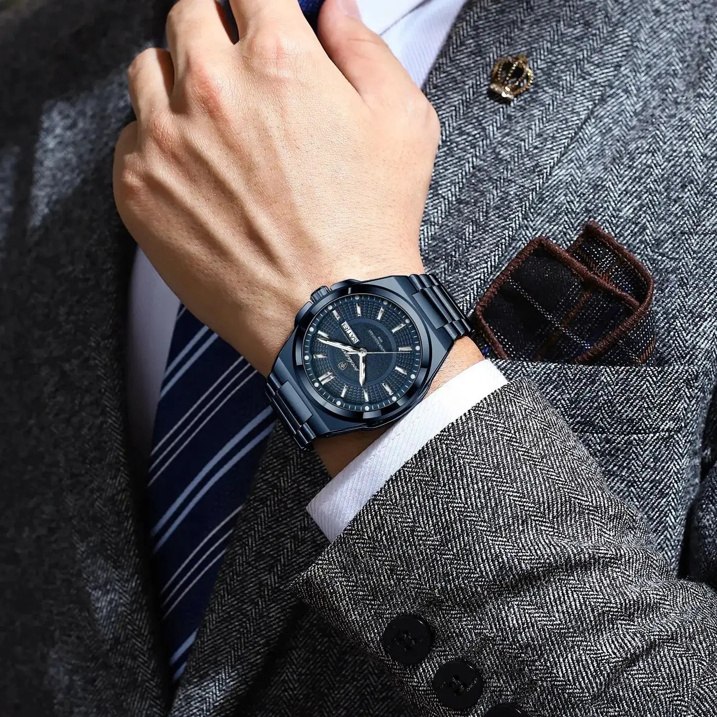 POEDAGAR sport men's stainless steel wristwatch with blue-black finish, luminous dial, date and week functions