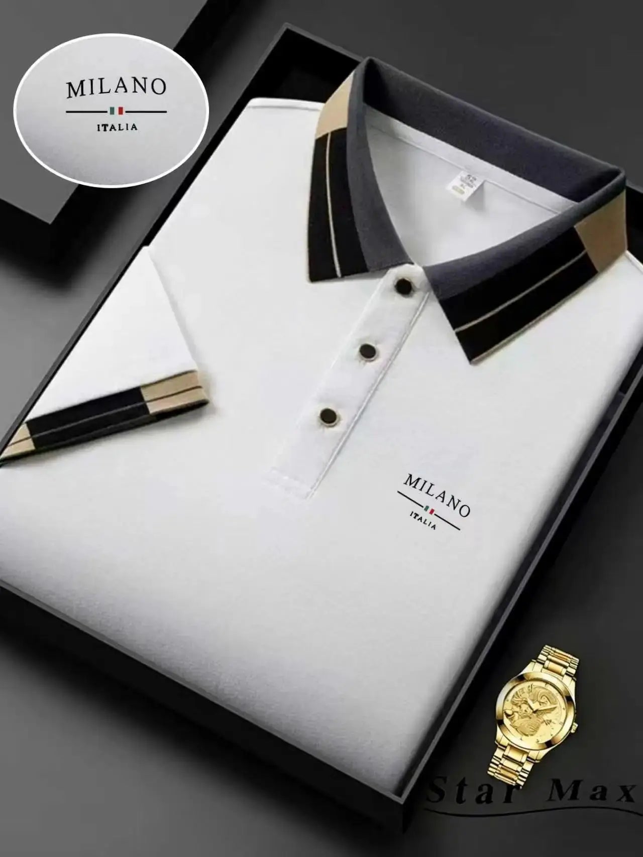 Men's white polo shirt with navy collar and beige trim; Simples Market Milano Italia branding in a gift box.