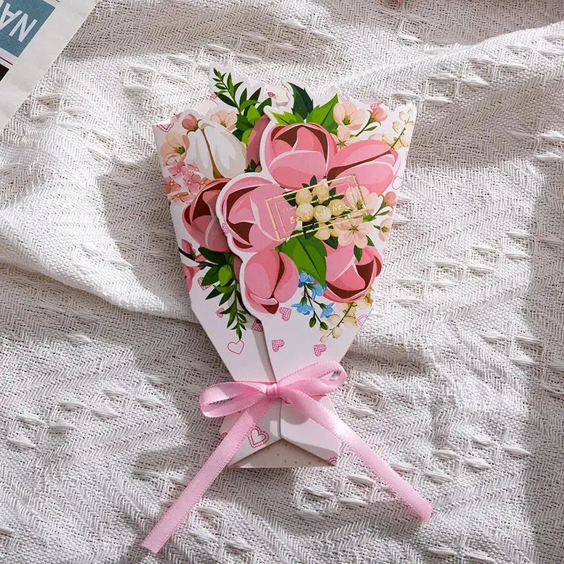3D Carnation Floral Bouquet Greeting Card Postcard Exquisite Birthday Mothers Day Teachers Day Thanksgiving