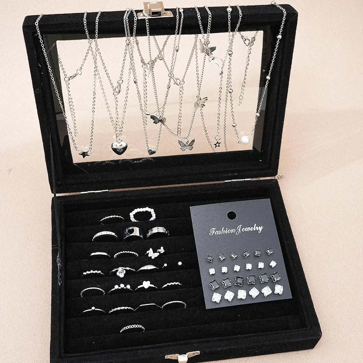 51 Piece Silver Color Chic Jewelry Set For Women With Butterfly Heart Pearl Necklaces Earrings And Rings To Match Outfits