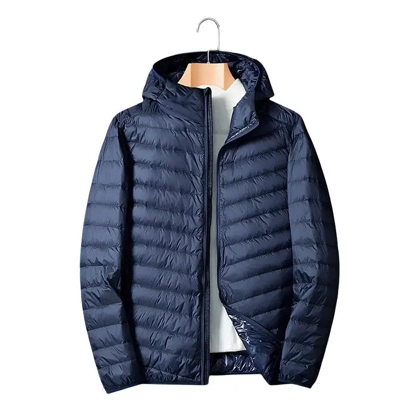 UETEEY men's navy blue ultralight down jacket with hood, windproof and waterproof