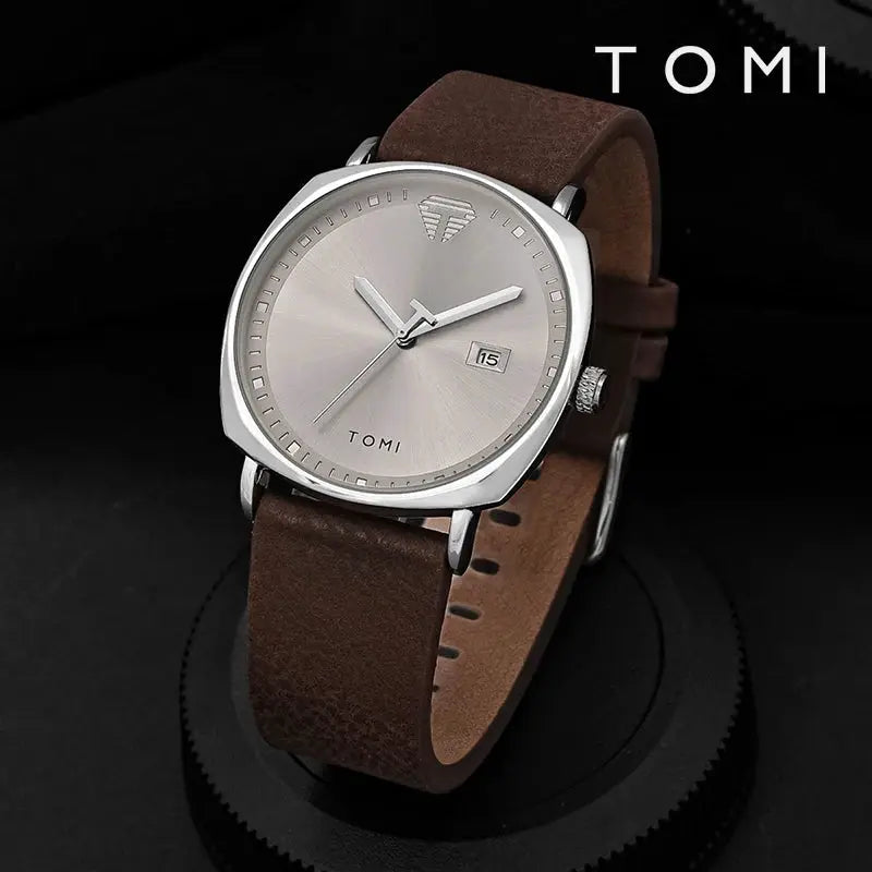 TOMI men's watch with brown leather strap, silver case, minimalist dial and date display