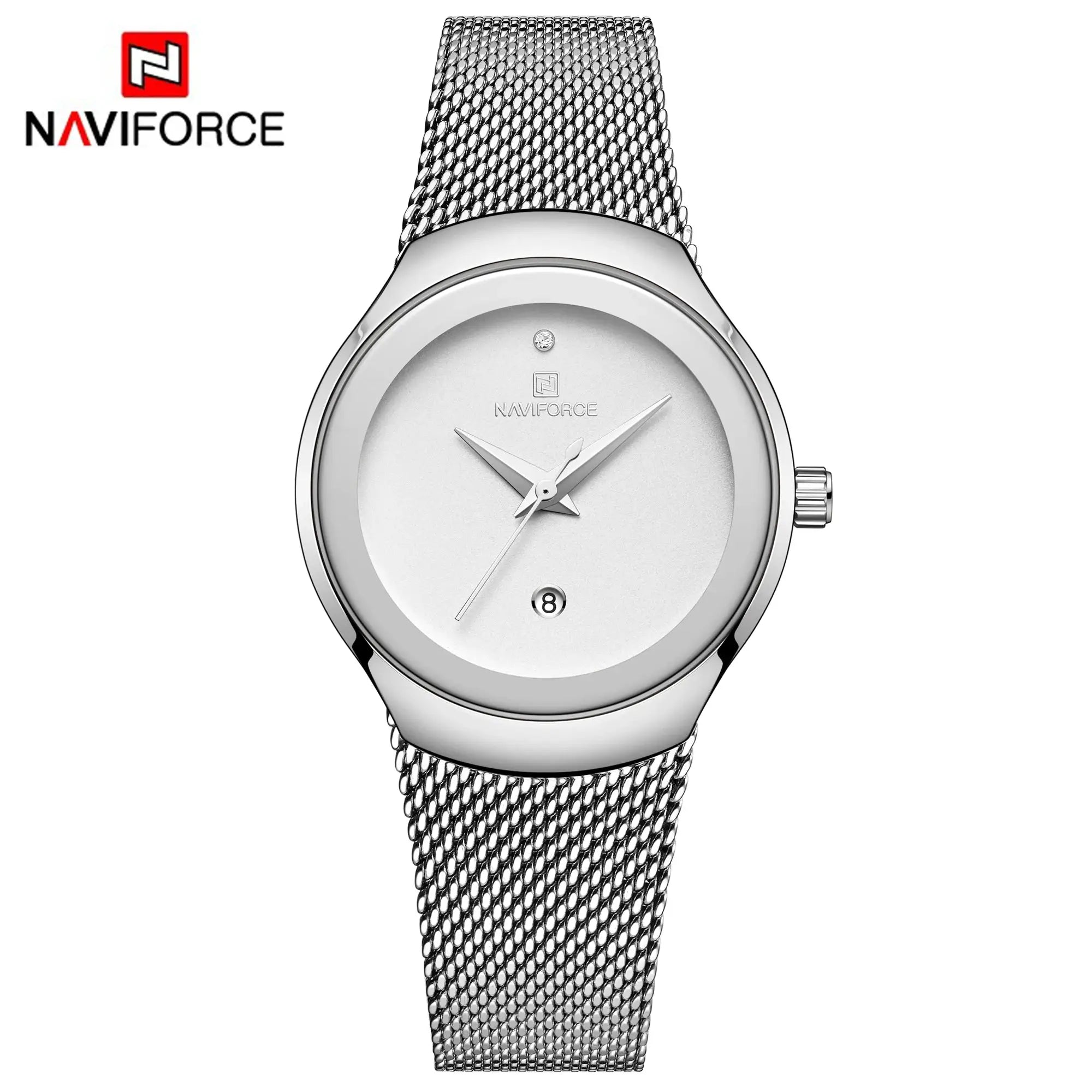 NAVIFORCE women's mesh stainless steel watch with silver dial, waterproof, Simples Market
