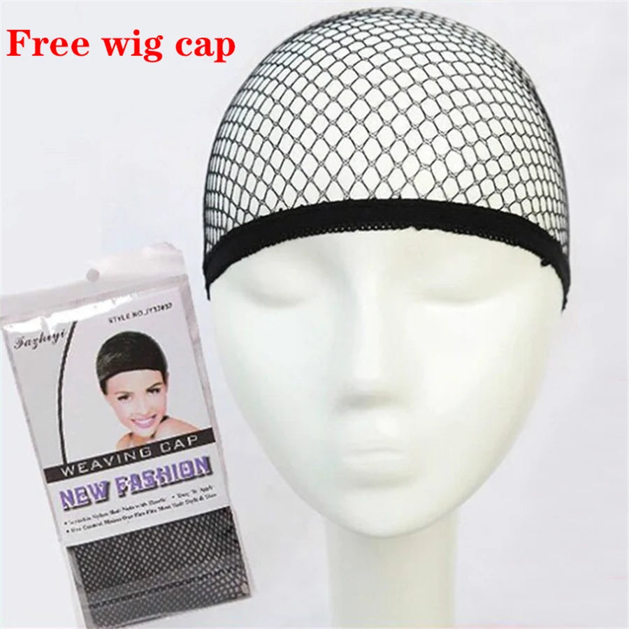 Wig cap with black fishnet mesh on mannequin head; free wig cap included