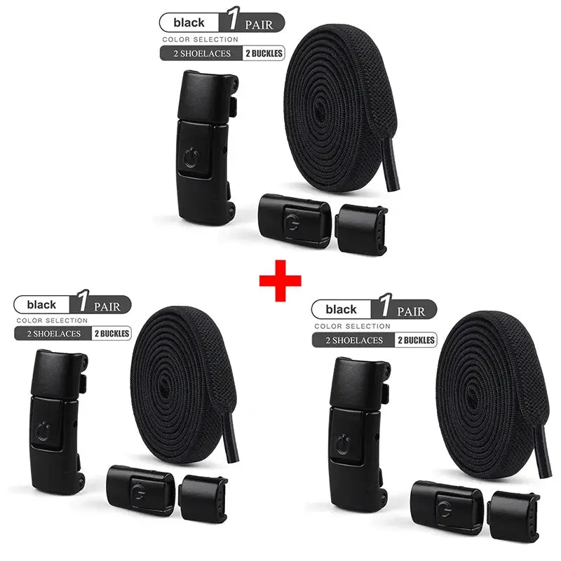 Simples Market 8mm no-tie elastic shoelaces with press-lock buckles, black, flat, 3 pairs
