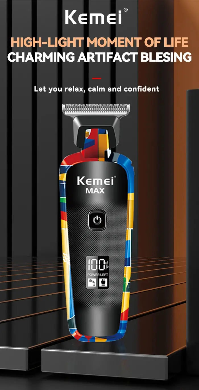 Kemei KM-MAX5090 electric hair clipper with a colorful graffiti-patterned body