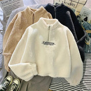 VelvetAura Women Stand Neck Fleece Cropped Hoodie With Letter Embroidery For Elegant Velvet Plush Warmth