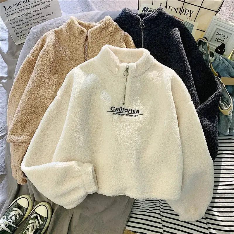 VelvetAura Women Stand Neck Fleece Cropped Hoodie With Letter Embroidery For Elegant Velvet Plush Warmth