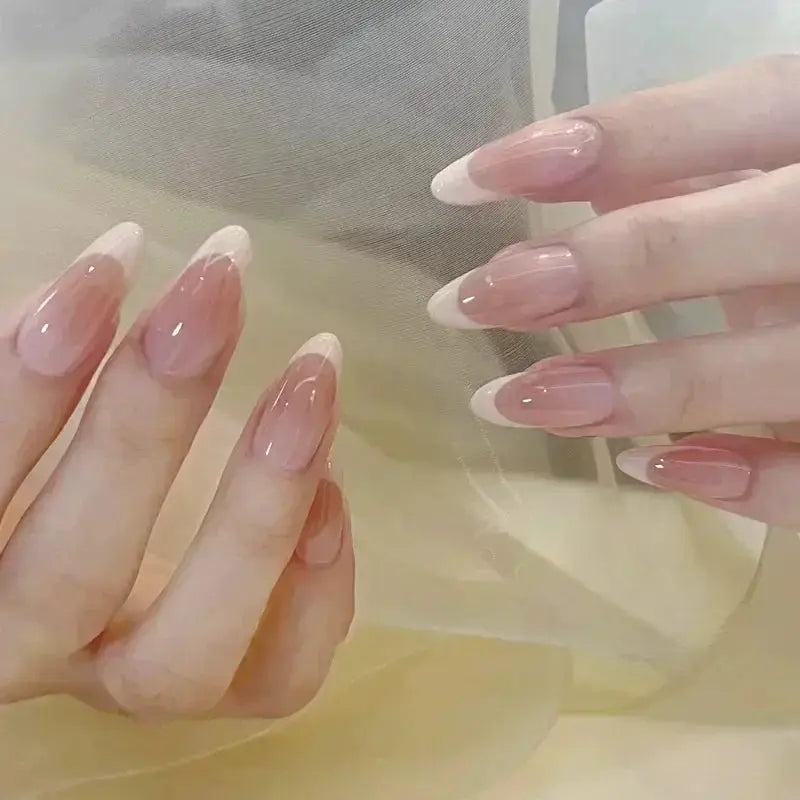 Glamora French Almond False Nails 24 Piece Press On Stiletto Tips With White Edge Design Glue Included For Wearable Glam